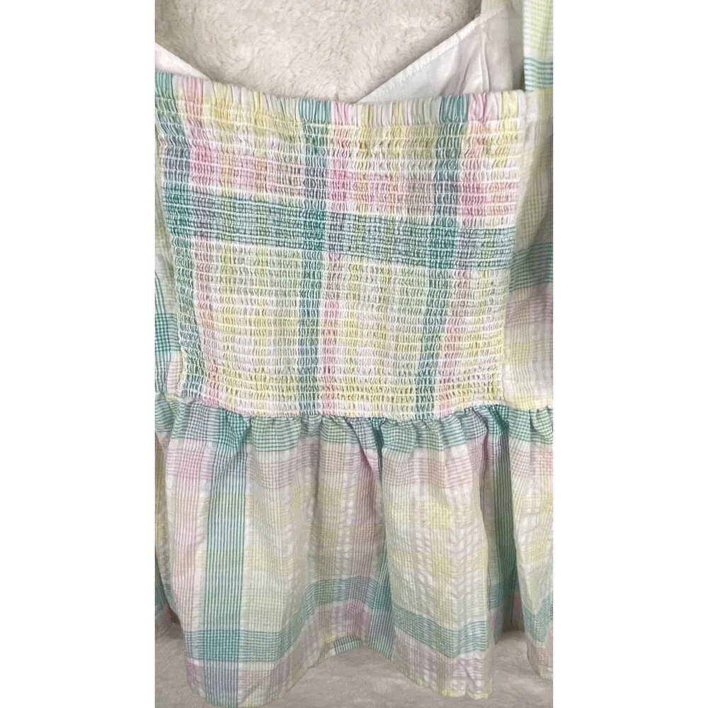 Old Navy Womens 2X Pastel Plaid Top Puff Sleeve Smocked Back Ruffled Peplum NWT